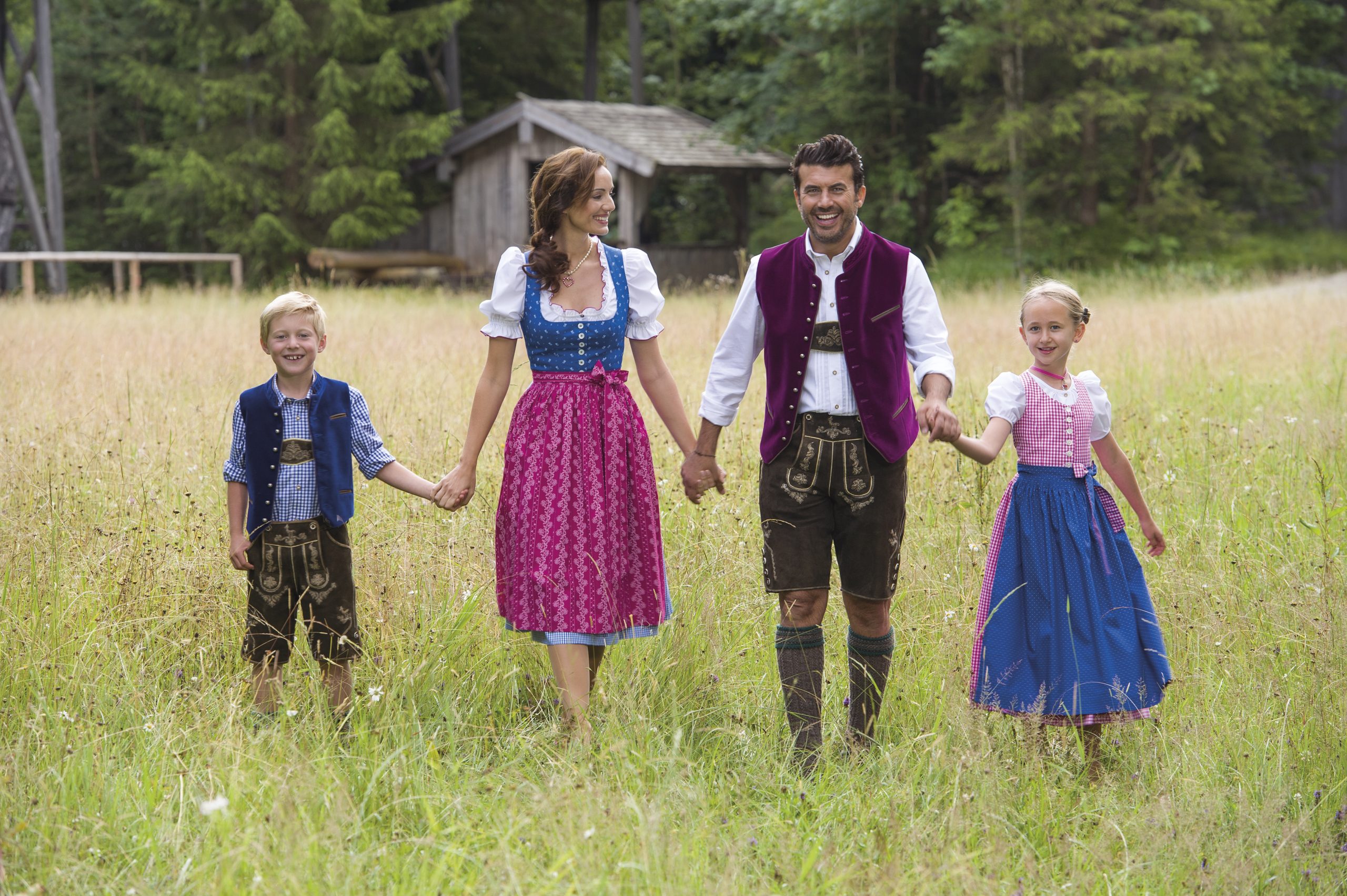 Familie Hand in Hand auf der Wiese